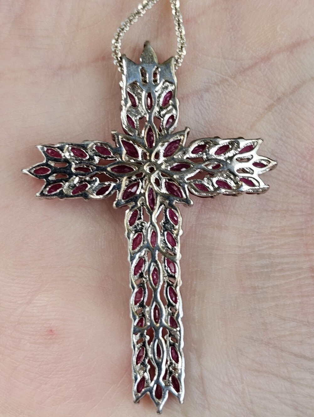 Genuine 10.40 CT Rhodolite Garnet Cross  Platinum  Sterling Silver 24" Chain! - Picture 8 of 8